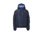 Donkerblauwe gewatteerde jas voor kinderen met capuchon en blauwe binnenvoering.