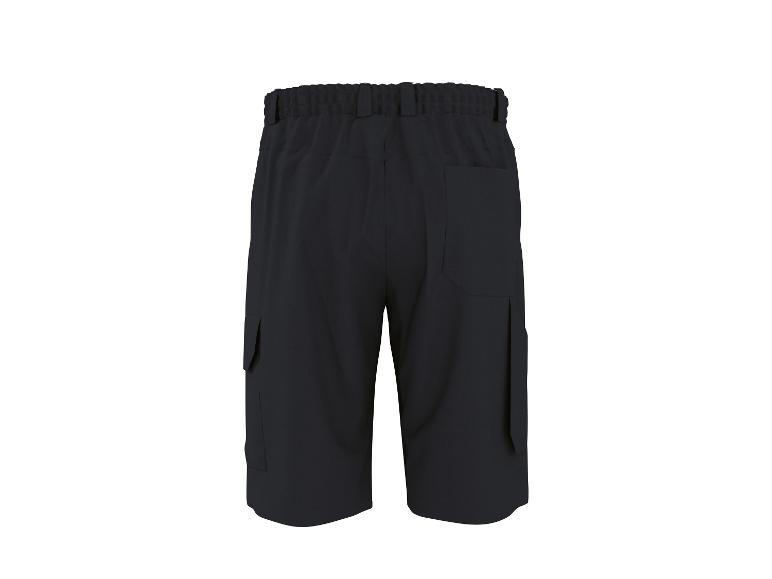Zwarte cargoshorts met elastische tailleband en zijzakken, achteraanzicht.