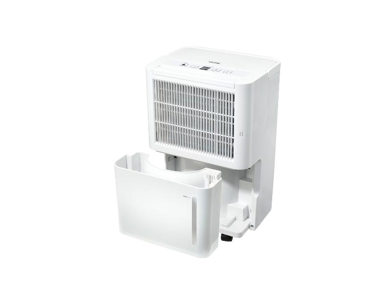 Witte luchtontvochtiger met verwijderde watertank, die het interieur toont.