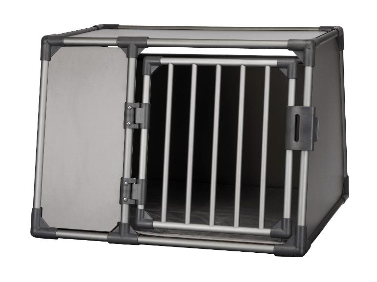 Aluminium en kunststof transportkooi voor huisdieren met traliedeur.