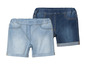 Twee paar denim shorts in lichtblauw en donkerblauw.