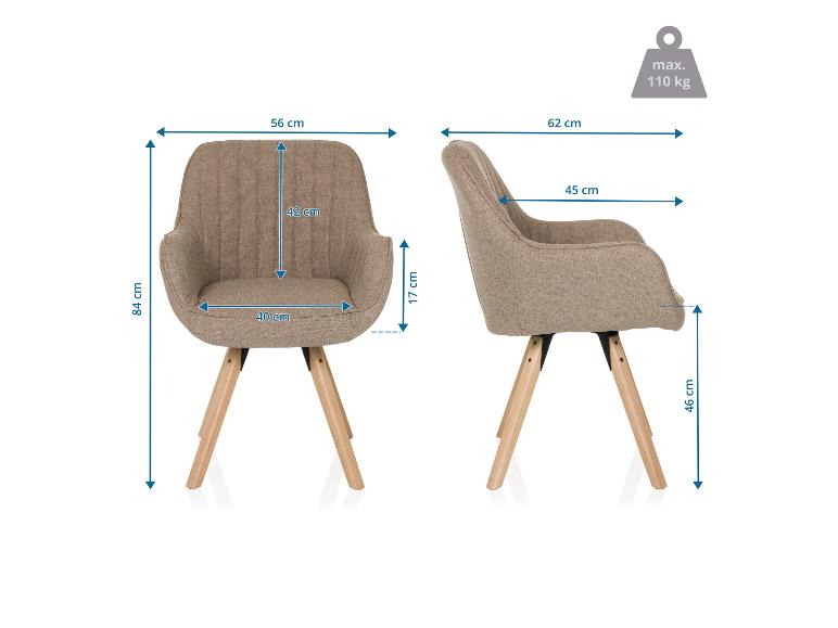 Gestoffeerde stoel met houten poten, afmetingen: 84x56x62 cm, max. belasting 110 kg.