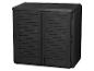 Zwarte kunststof tuinkast met twee deuren en lamellenontwerp.