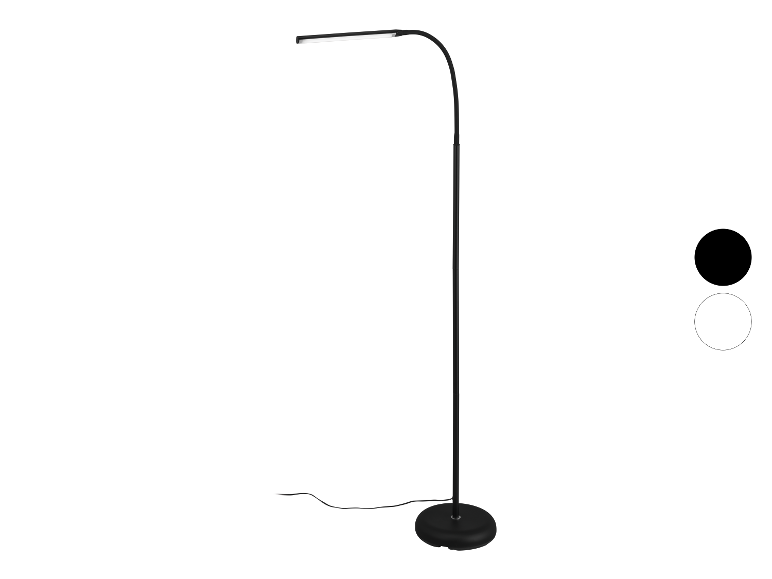 Zwarte LED staande lamp met gebogen arm.