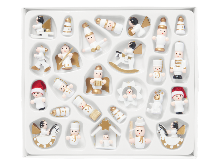 Set van 24 mini kerstdecoraties van wit en goudkleurig hout, met engelen, soldaten en schaatsers.
