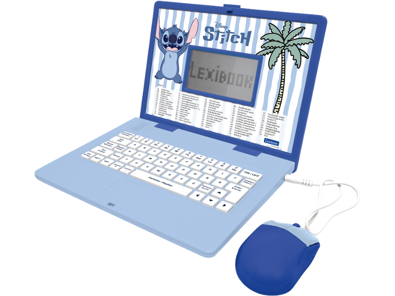 Blauwe speelgoedlaptop voor kinderen met Stitch-thema en muis.