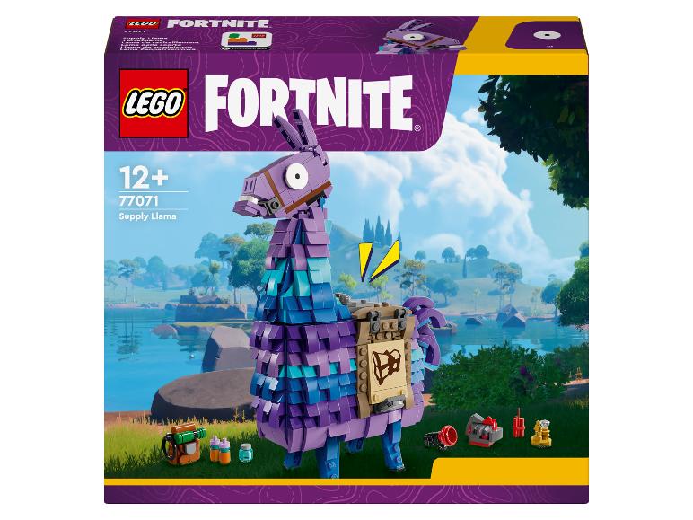 LEGO Fortnite 77071 Supply Llama set, met een grote paarse lama en accessoires, tegen een waterlandschap.