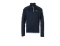 Donkerblauw sportshirt met lange mouwen, neongele halfrits en logo.