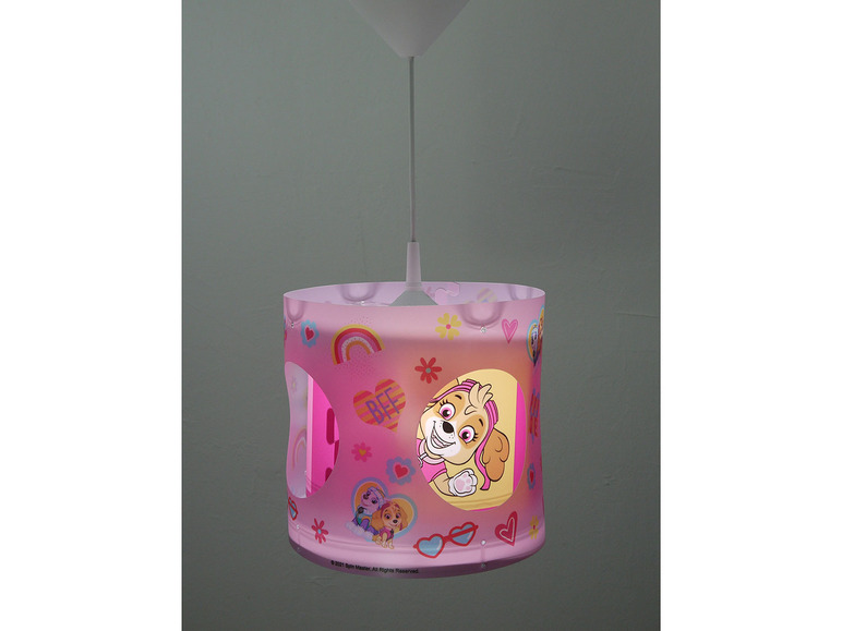 Een roze hanglamp met een afbeelding van Skye uit Paw Patrol.