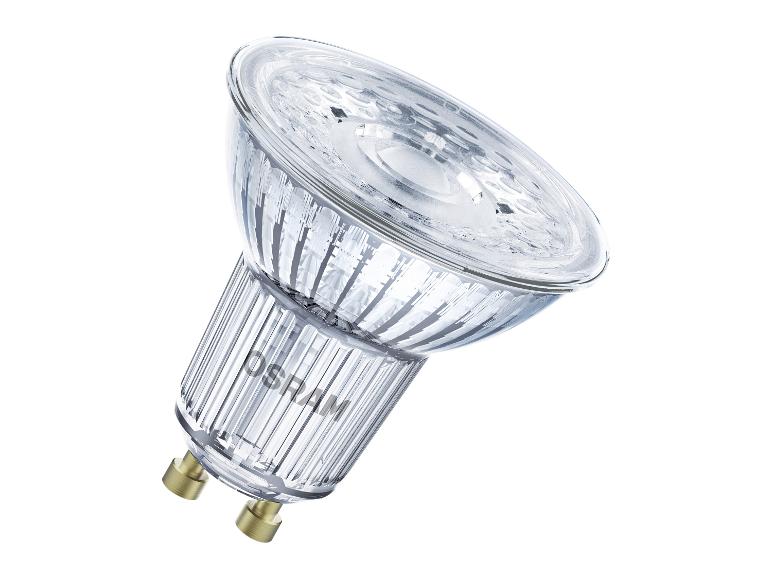Een glazen LED-spotlamp met een GU10-fitting en een geribbeld ontwerp.