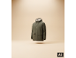 Groene winterjas met capuchon en rits, zwevend tegen een beige achtergrond.