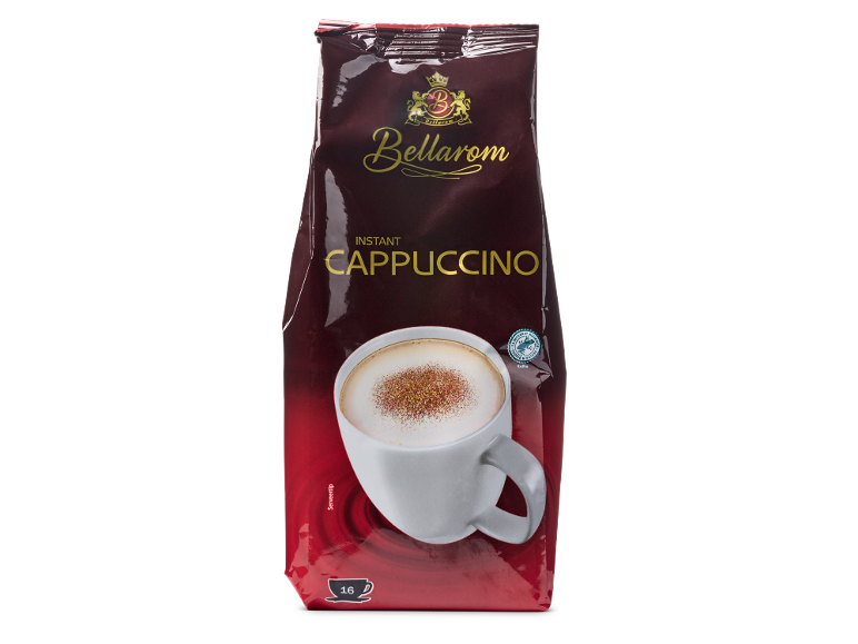 Donkerbruine verpakking instant cappuccino, met een kop cappuccino en de tekst 'INSTANT CAPPUCCINO'.