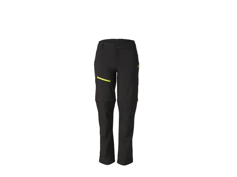 Zwarte afritsbroek met gele ritsdetails, geschikt voor buitenactiviteiten.