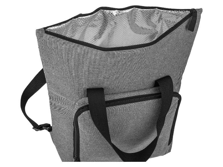 Grijze isotherm tas met handvatten en schouderband, perfect voor het vervoeren van eten of drinken.
