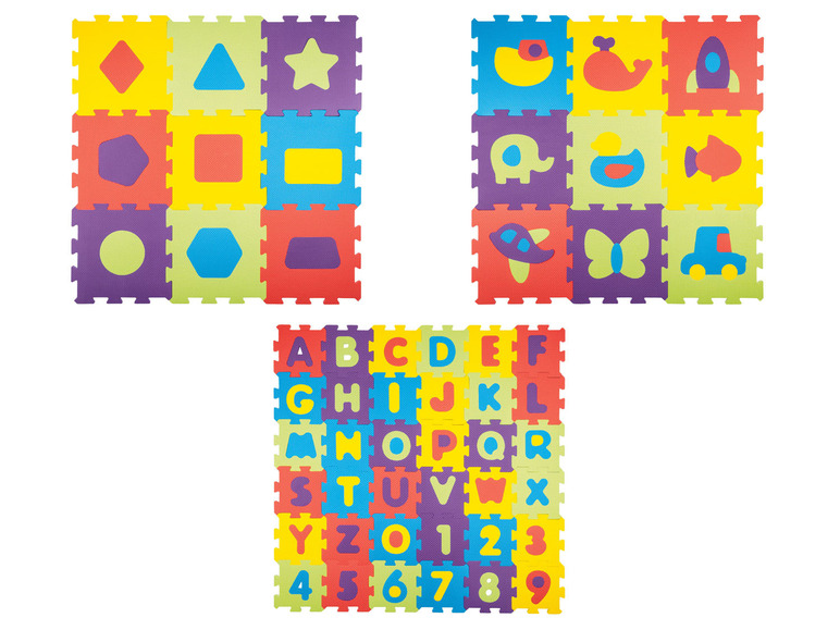 Vloerpuzzel met letters, cijfers en vormen voor kinderen.
