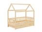 Een houten kinderbed met een huisvormige kap en twee lades.
