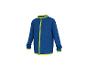 Blauwe fleecejas met felgroene rits en biezen.