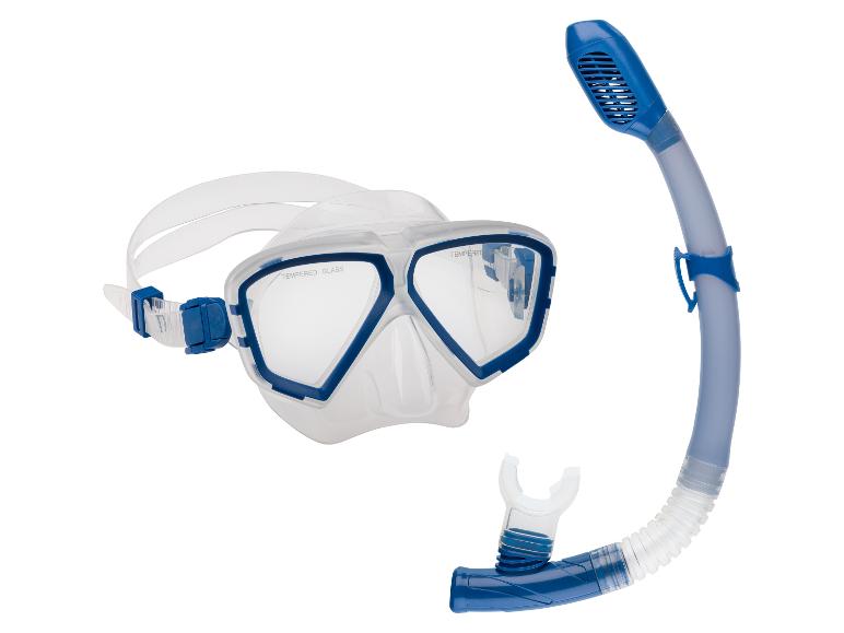 Duikmasker met snorkel in blauw en transparant.