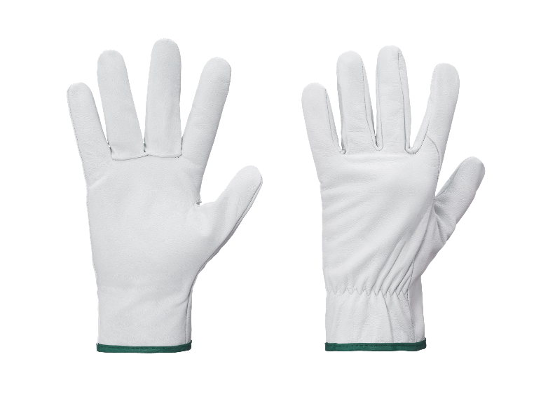 Een paar witte leren handschoenen met groene manchetten.