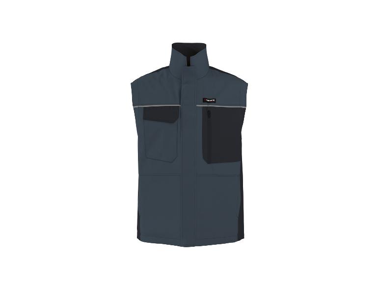 Donkerblauwe werkbodywarmer voor heren met zwarte zakken en reflecterende details.