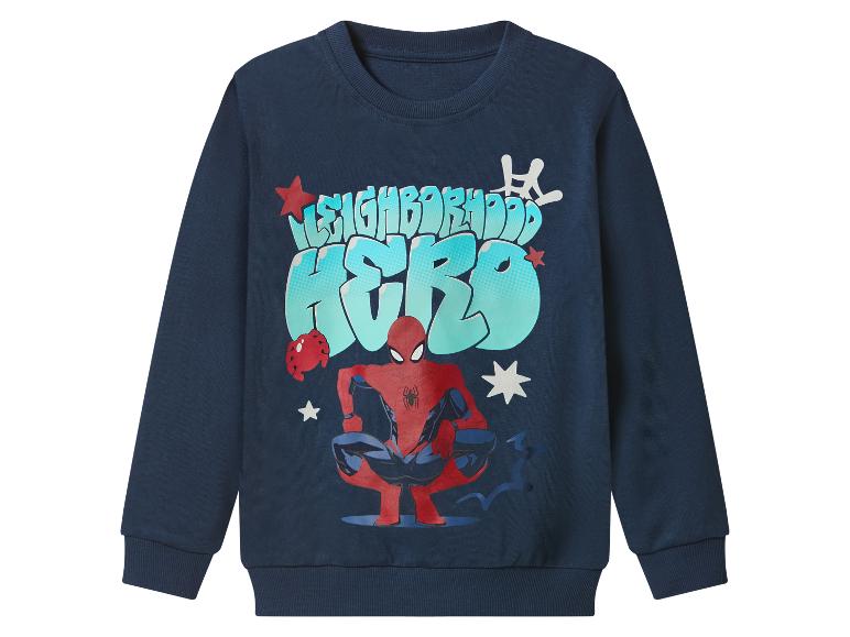 Blauwe sweater met superheldenprint en de tekst 'NEIGHBORHOOD HERO'.