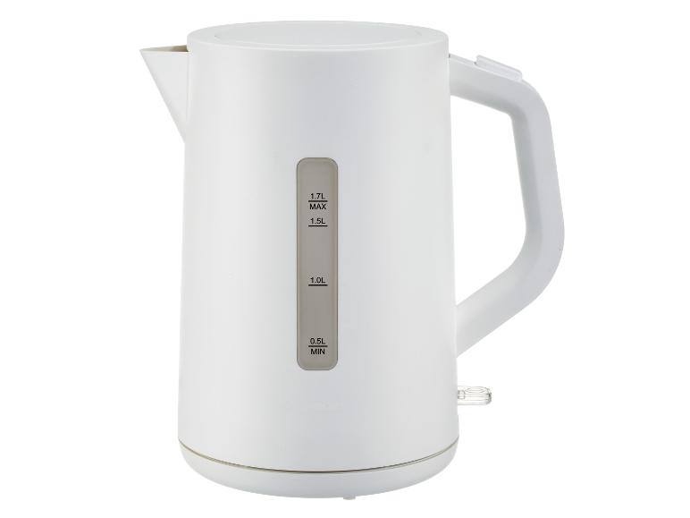Witte waterkoker met waterpeilindicator en een maximale capaciteit van 1,7 liter.