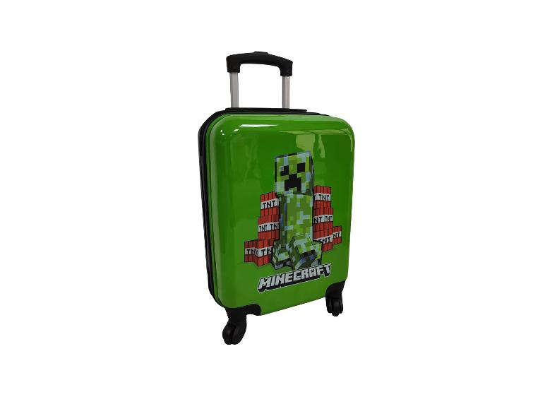 Groene kinderkoffer met uitschuifbaar handvat en computergame-afbeeldingen.