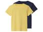 Twee T-shirts, geel en donkerblauw.