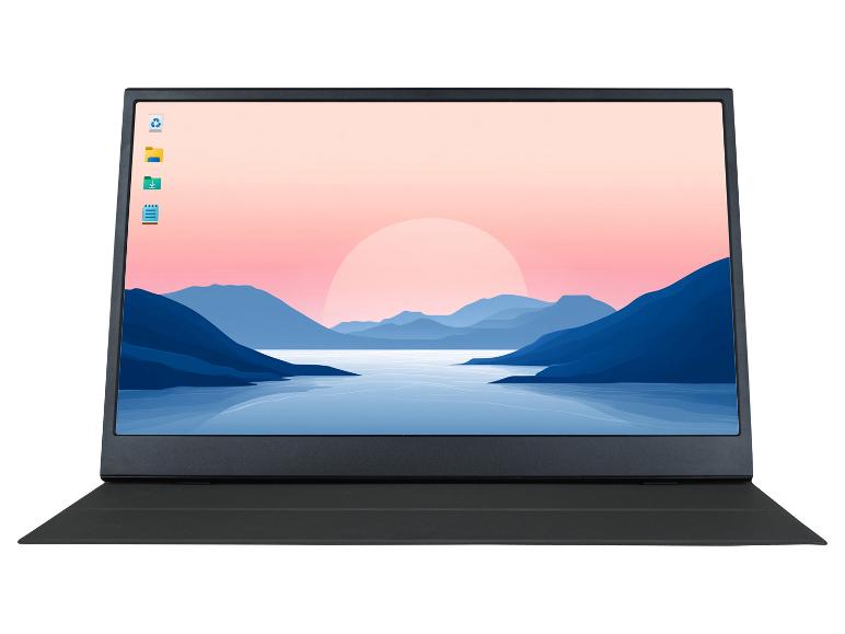 Draagbare monitor met sereen landschap op het scherm.