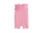 Roze babyromper met gele zonneprint en ruchesmouwtjes.