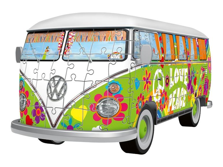 3D-puzzel in de vorm van een Volkswagenbusje, versierd met kleurrijke hippiemotieven.