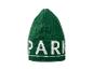 Een groene gebreide beanie met witte 'PARK'-opschrift.