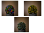 Drie op zonne-energie werkende LED-lichtsnoeren in verschillende kleuren op een potplant.
