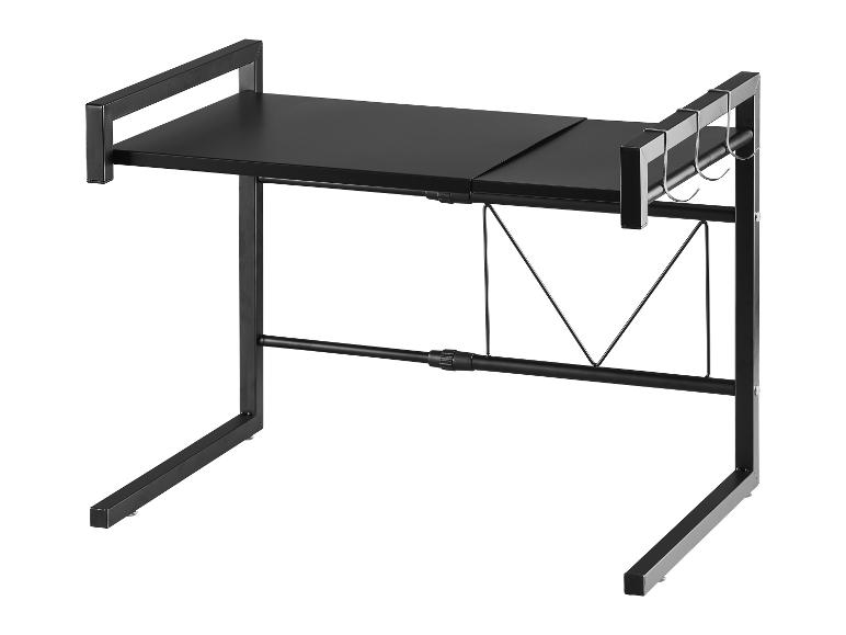 Zwarte keukenrek met haken, ideaal voor ruimtebesparing.