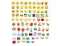 Een collectie kleurrijke stickers met emoji's, symbolen en tekst zoals 'HAPPY' en 'GOOD DAY'.