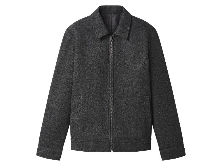 Donkergrijze jas met rits en kraag.