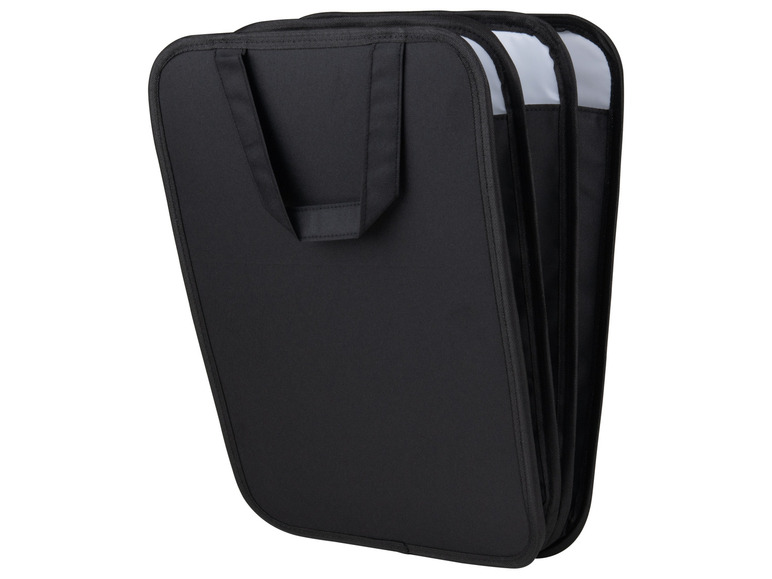 Een zwarte opvouwbare vuilnisbak met handvat.