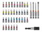 Een assortiment schroevendraaierbits van verschillende maten en typen, inclusief platte, Phillips en Torx, met een bithouder.