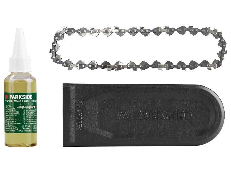 Parkside biologische kettingolie, zaagketting en zwarte beschermkap.