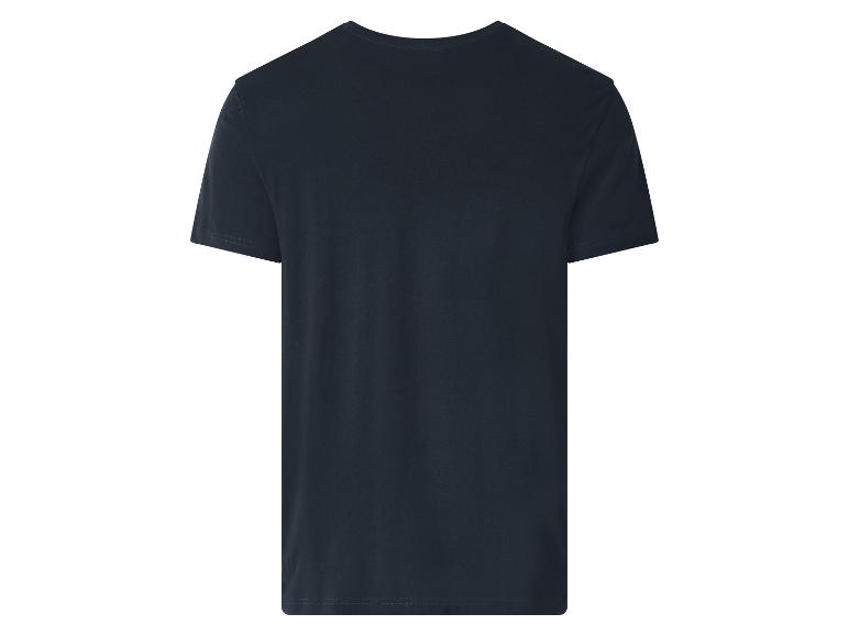 Achterkant van een donkerblauw heren T-shirt met korte mouwen.