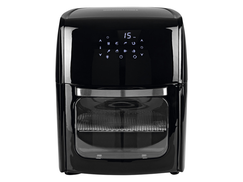 Een zwarte Gourmetmaxx airfryer met een glazen deur en een digitale timer.