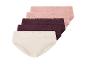 Set van vijf damesonderbroeken in beige, bordeaux en roze, met kanten afwerkingen.