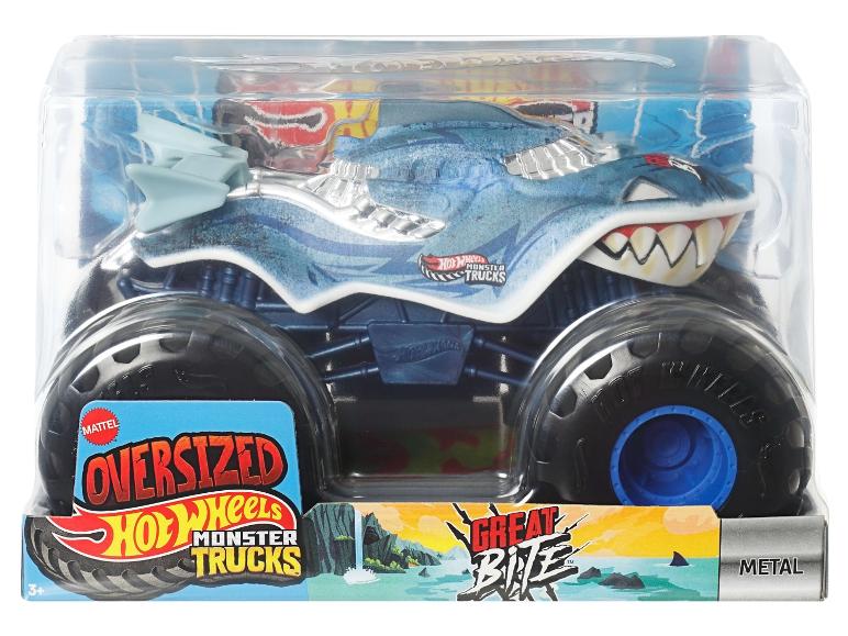 Hot Wheels Monster Trucks 'Great Bite' speelgoedauto in transparante verpakking.