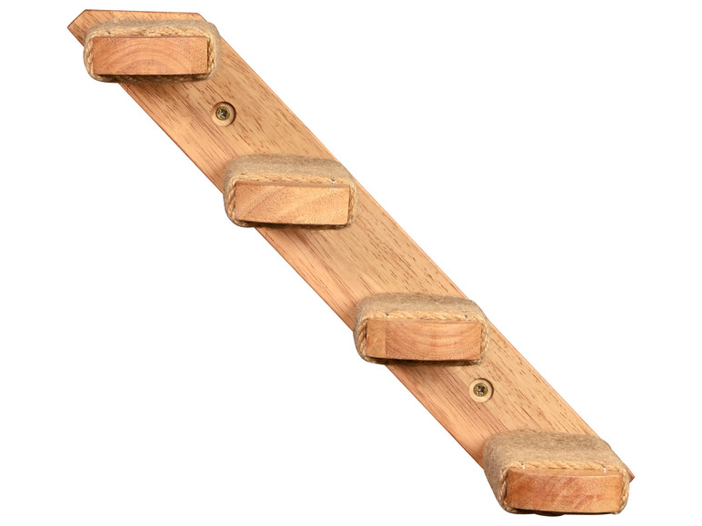 Houten wandrek met vier haken, bekleed met touw.