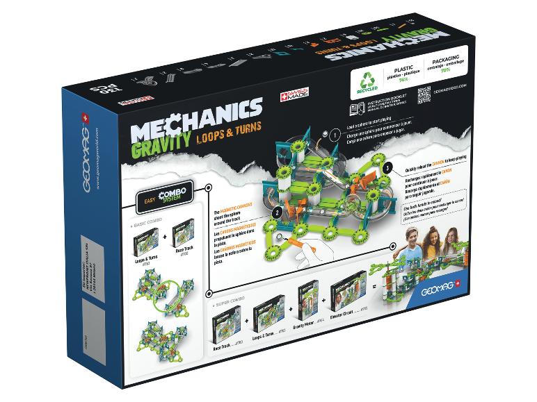 Mechanica set met lussen en bochten, met magnetische kanonnen en herlaadmechanismen.