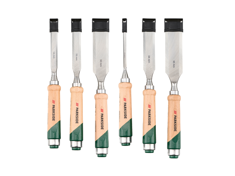 Zes Parkside beitels van verschillende breedtes.