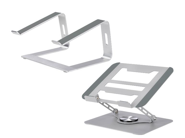 Twee zilveren laptopstandaards, één vast en één verstelbaar.