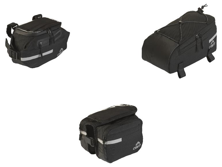 Drie zwarte CRIVIT fietstassen in verschillende stijlen.