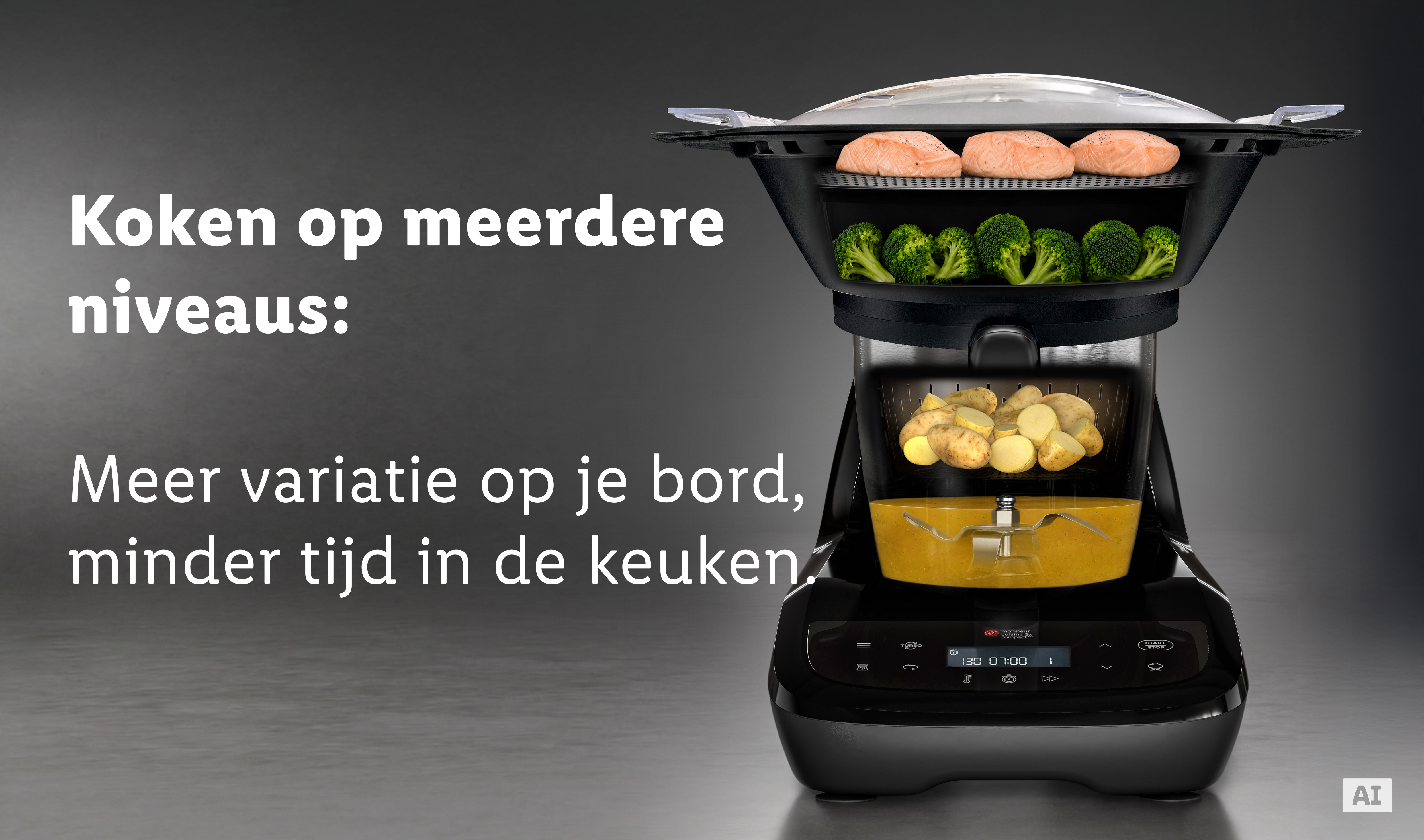 Monsieur Cuisine compact met geopend deksel, geplaatst roeropzetstuk en opgezette stoomkoker. (Met AI-watermerk)