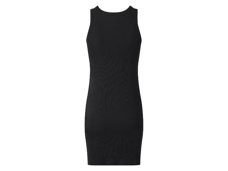 Zwarte geribbelde mouwloze mini-jurk.
